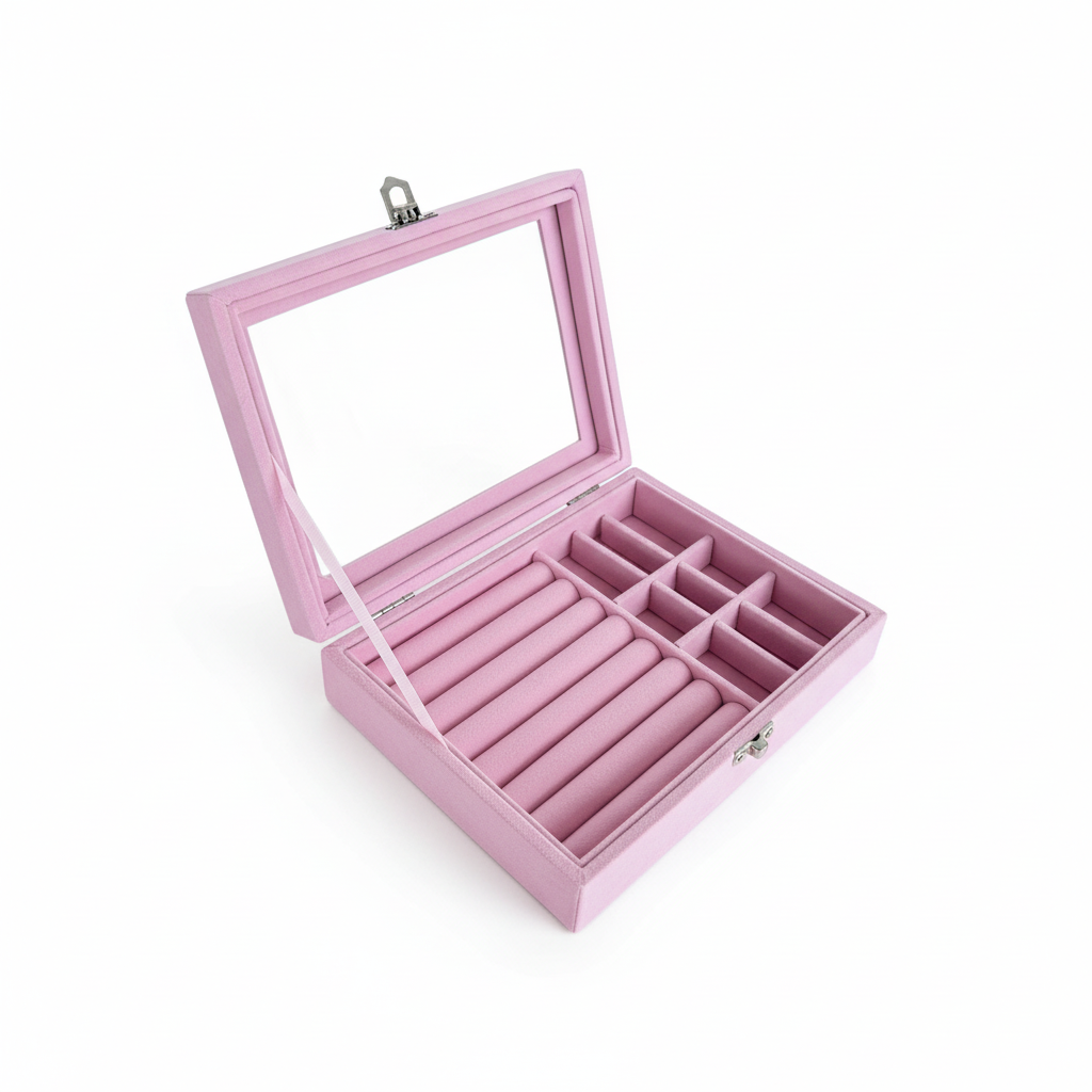 Studio-Produktbild rosa Samt-Schmuckbox geöffnet