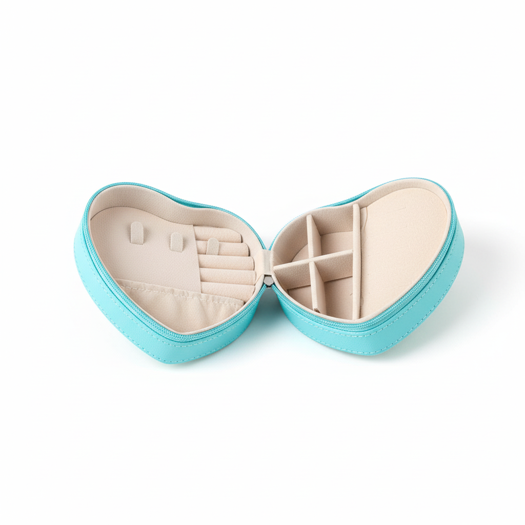Türkisblaue herzförmige Schmuckbox geöffnet mit Innenfächern
