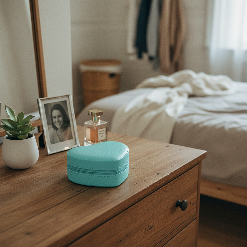 Türkisblaue herzförmige Schmuckbox im Frauenzimmer