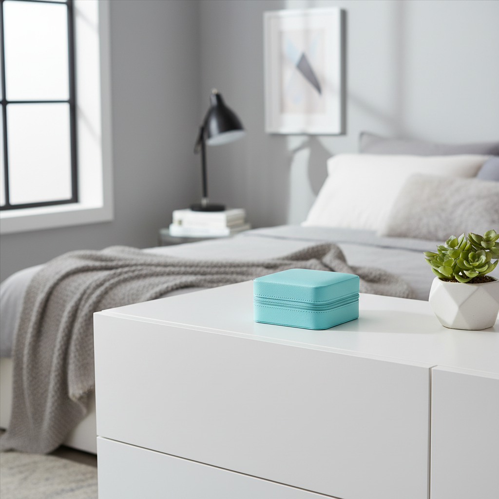 Türkisblaue Schmuckbox im modernen Frauenzimmer