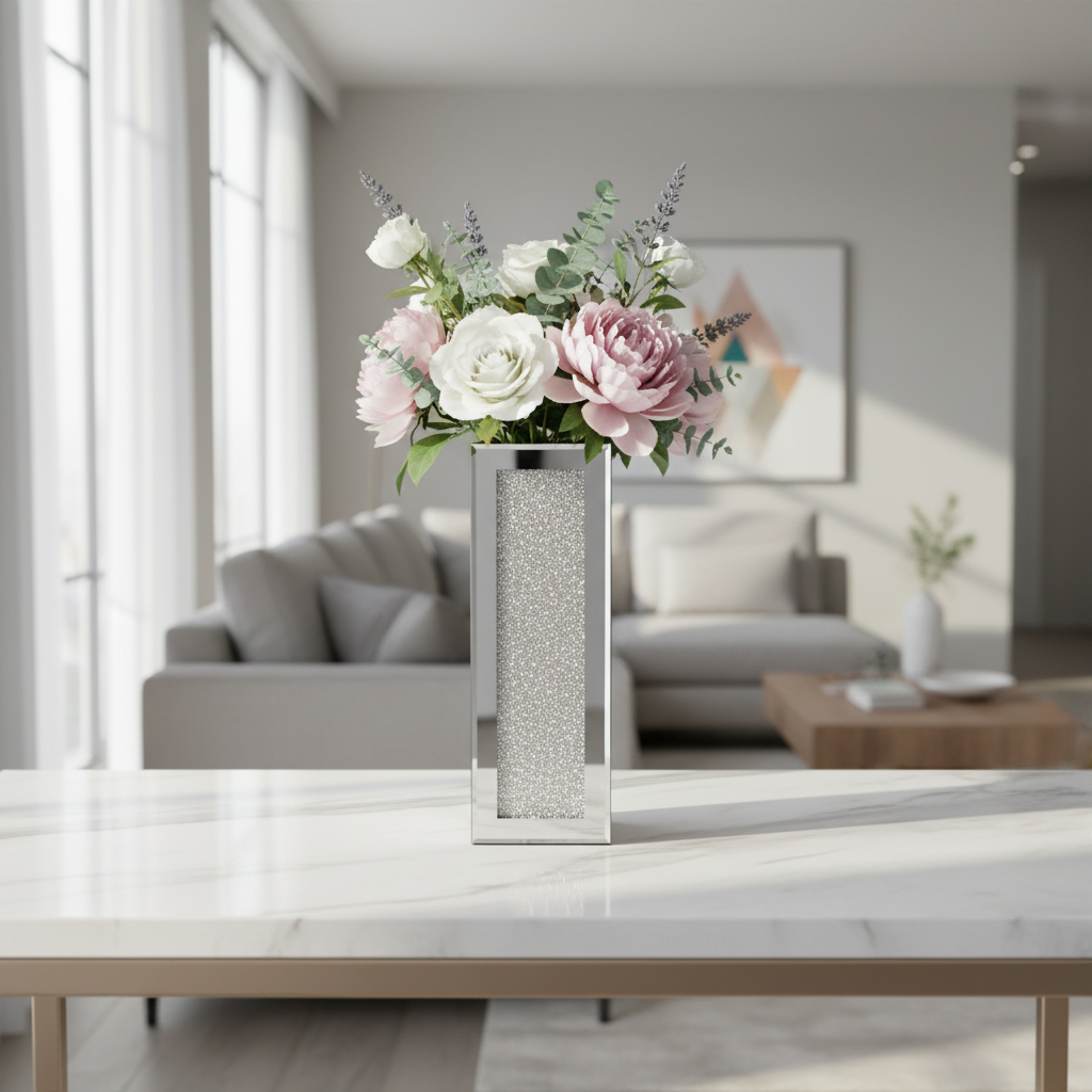 Vase with mirrored sides and flowers in modern apartment