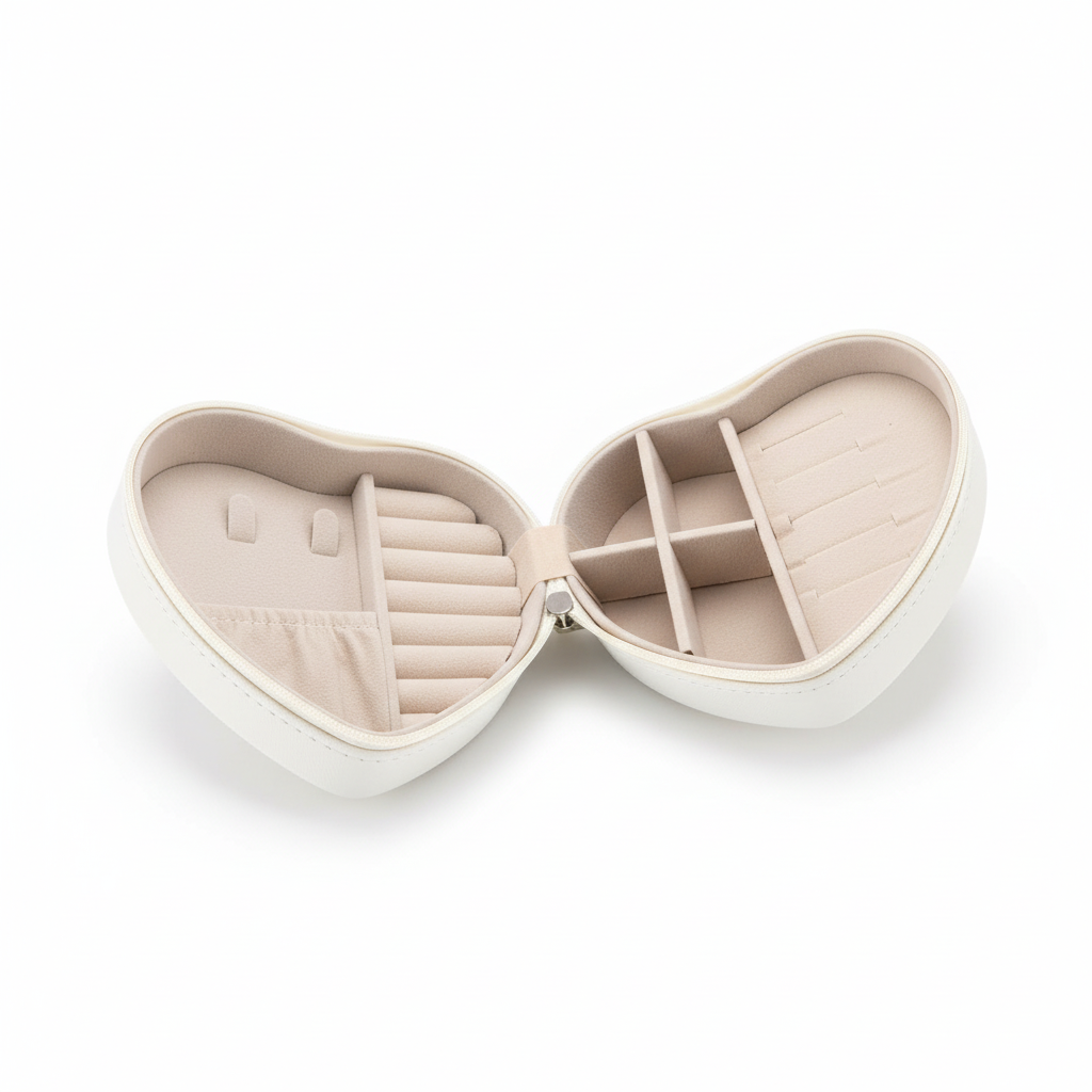 Weiße herzförmige Schmuckbox geöffnet mit Innenfächern