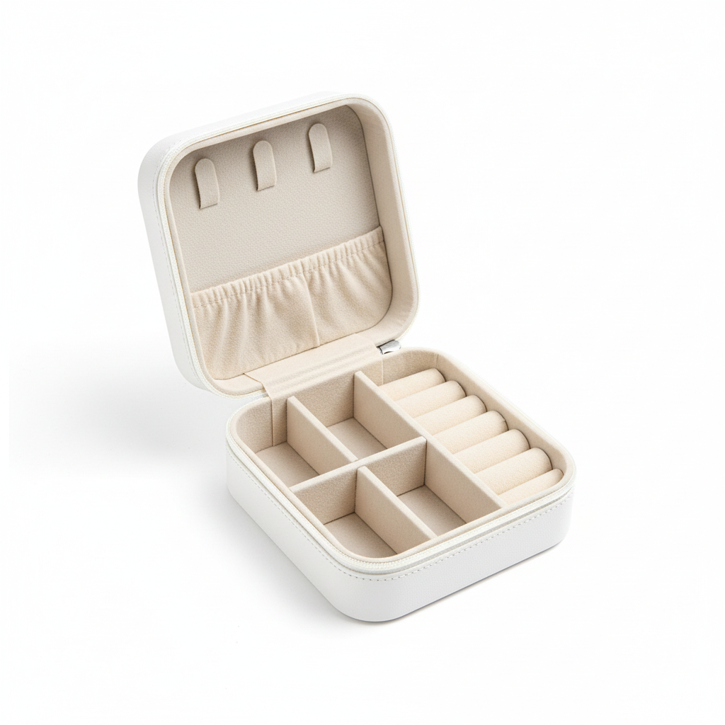 Weiße quadratische Schmuckbox geöffnet mit Innenfächern