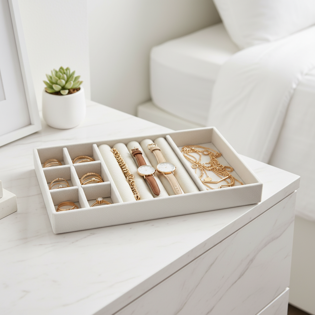 Weißer Schmuckorganizer im modernen Zimmer