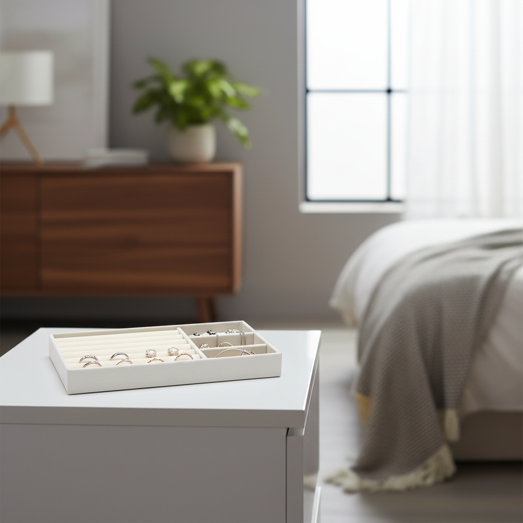 Weißer Schmuckorganizer in modernem Zimmer mit Schmuck