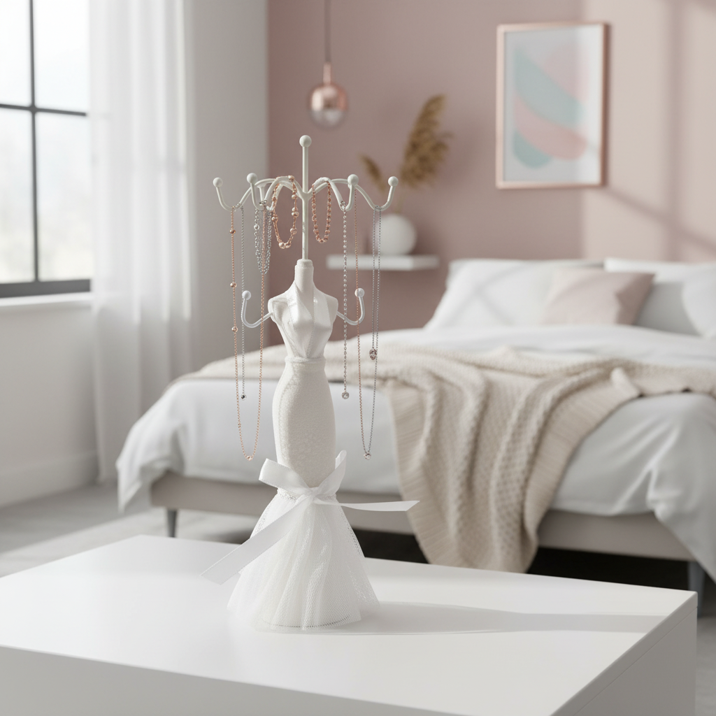 Weißer Schmuckständer in modernem Zimmer mit Schmuck