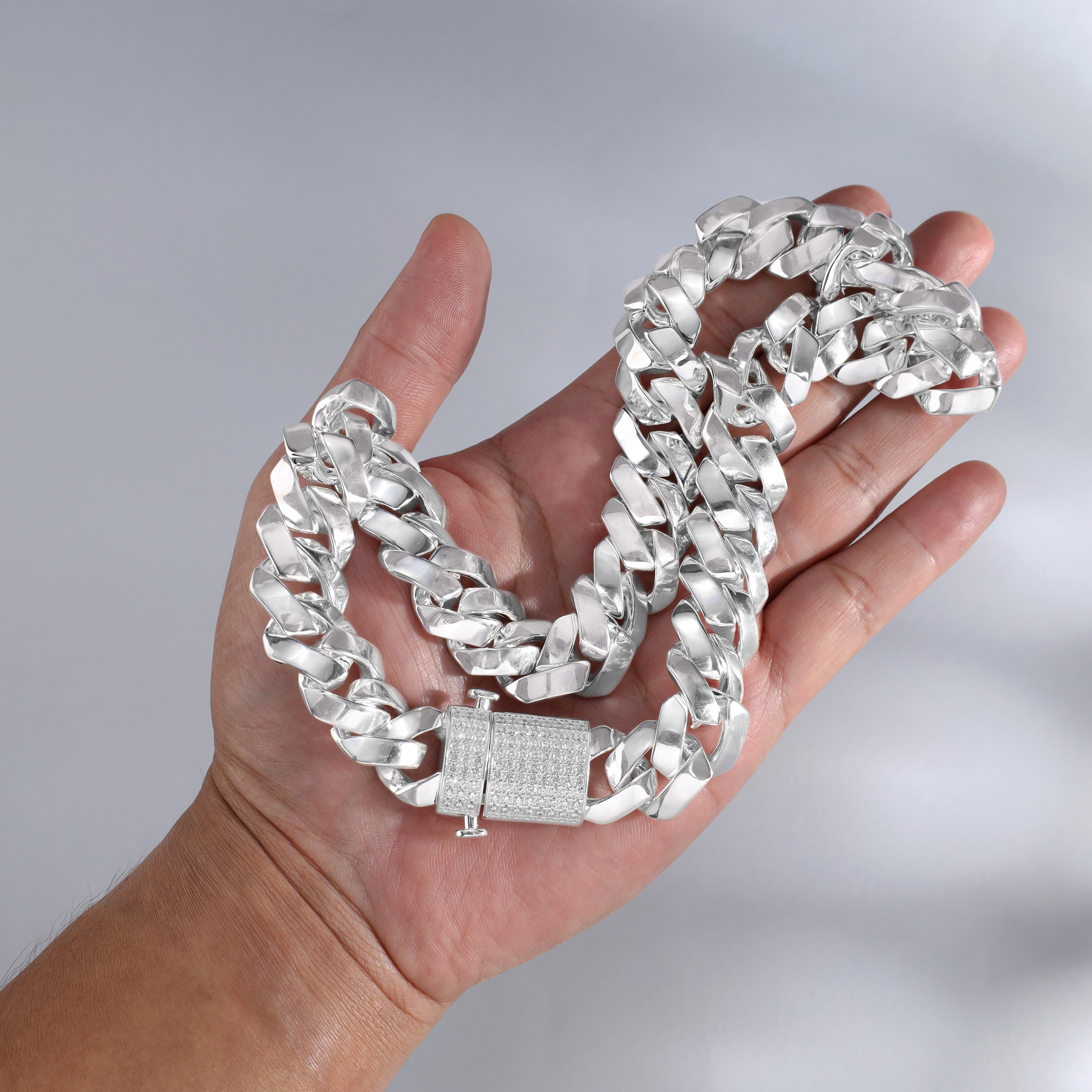 Iced Out Stil Miami Cuban Link Chain 19mm breit 50cm lang 925 Sterling Silber (K982) - Taipan Schmuck